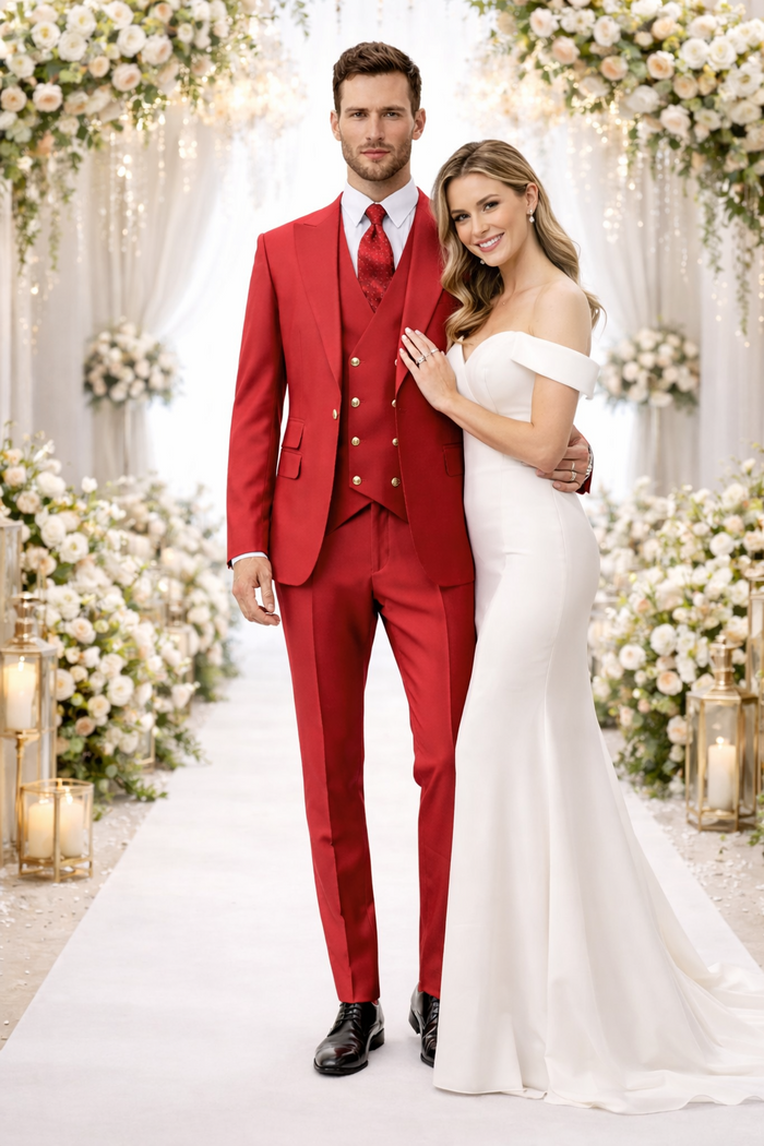 Rossiman Men’s Red Suit | Stylish 1-Button Peak Lapel Jacket & Double-Breasted Vest – Italian Tailored Luxury 3-Piece Suit