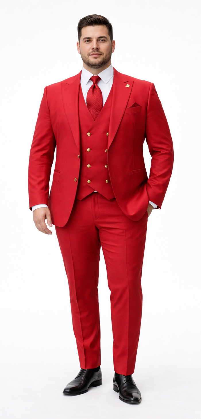 Rossiman Men’s Red Suit | Stylish 1-Button Peak Lapel Jacket & Double-Breasted Vest – Italian Tailored Luxury 3-Piece Suit