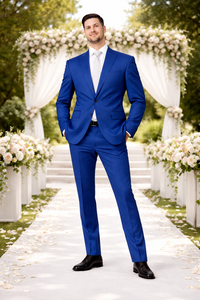 Rossiman Men’s Royal Blue Glossy Sateen Suit | Bold & Refined Look – Italian Luxury Double-Breasted Suit for Men