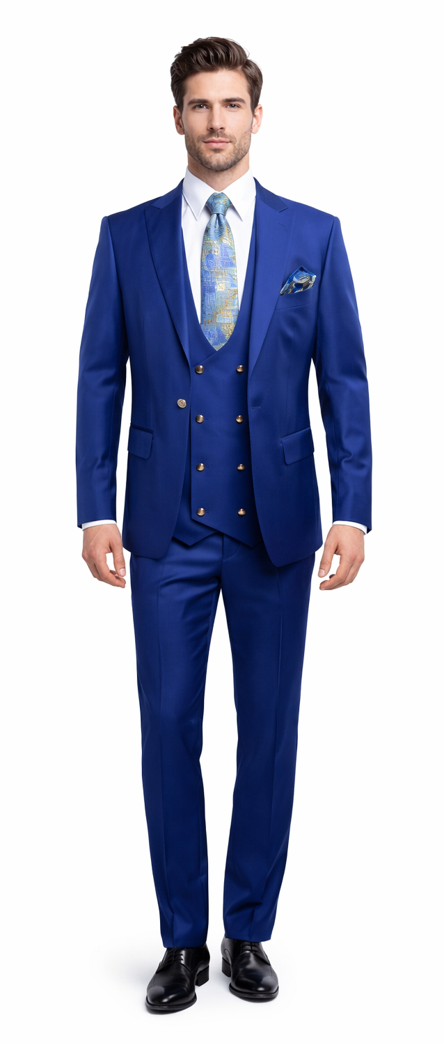 Rossiman Men’s Royal Blue Slim Fit Suit | Sophisticated Double-Breasted Design – Italian Tailored 3-Piece Luxury Suit
