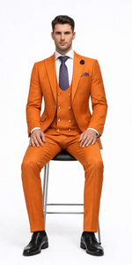 Rossiman Men’s Rust Slim Fit Suit | 3-Piece Set with Double-Breasted Vest & Flat Front Pants – Italian Tailored Luxury