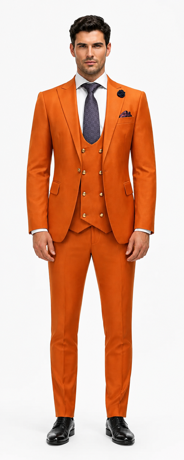 Rossiman Men’s Rust Slim Fit Suit | 3-Piece Set with Double-Breasted Vest & Flat Front Pants – Italian Tailored Luxury