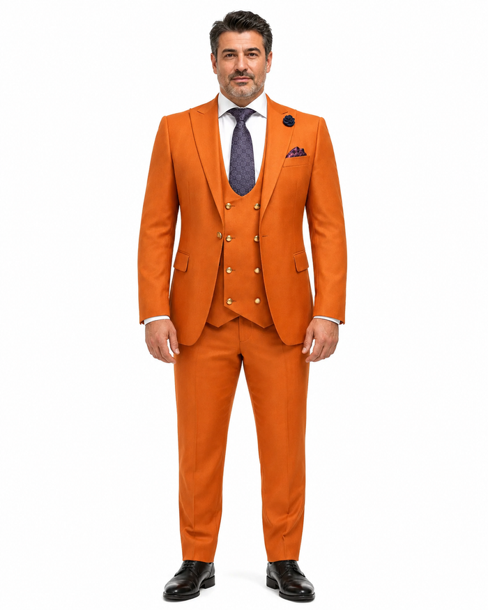 Rossiman Men’s Rust Slim Fit Suit | 3-Piece Set with Double-Breasted Vest & Flat Front Pants – Italian Tailored Luxury