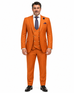 Rossiman Men’s Rust Slim Fit Suit | 3-Piece Set with Double-Breasted Vest & Flat Front Pants – Italian Tailored Luxury