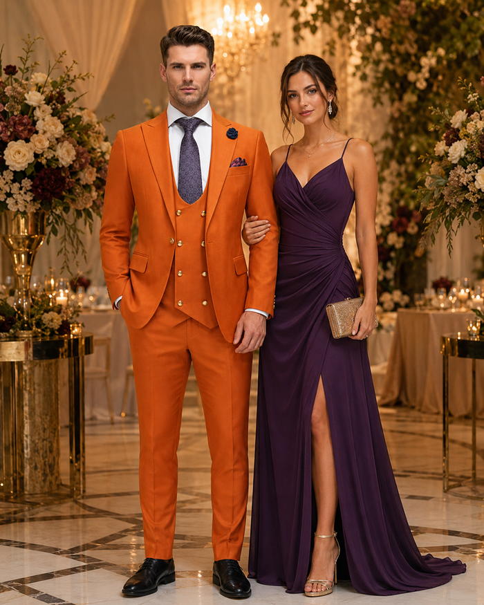 Rossiman Men’s Rust Slim Fit Suit | 3-Piece Set with Double-Breasted Vest & Flat Front Pants – Italian Tailored Luxury