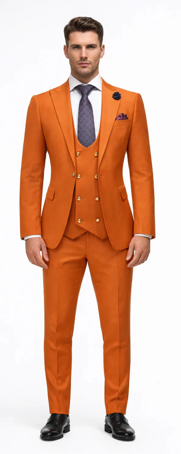Rossiman Men’s Rust Slim Fit Suit | 3-Piece Set with Double-Breasted Vest & Flat Front Pants – Italian Tailored Luxury