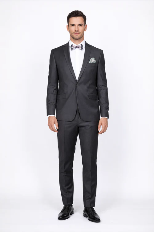 Rossiman Men’s Slim Fit Gray Wool Suit | 1-Button Peak Lapel Jacket & Tapered Low-Rise Pants – Italian Tailored 3-Piece Luxury Suit