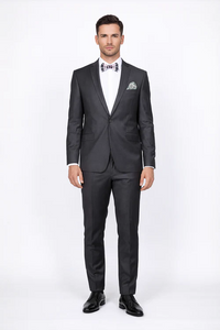 Rossiman Men’s Slim Fit Gray Wool Suit | 1-Button Peak Lapel Jacket & Tapered Low-Rise Pants – Italian Tailored 3-Piece Luxury Suit