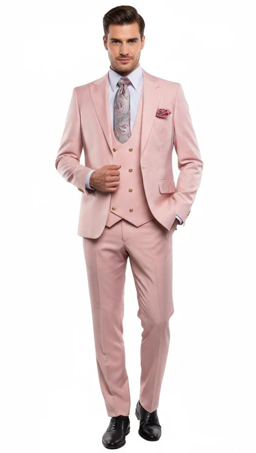 Rossiman Men’s Slim Fit Pink Suit | Elegant Double-Breasted Vest & Tailored Flat Front Pants – Italian 3-Piece Luxury Suit