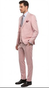 Rossiman Men’s Slim Fit Pink Suit | Elegant Double-Breasted Vest & Tailored Flat Front Pants – Italian 3-Piece Luxury Suit