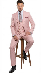 Rossiman Men’s Slim Fit Pink Suit | Elegant Double-Breasted Vest & Tailored Flat Front Pants – Italian 3-Piece Luxury Suit