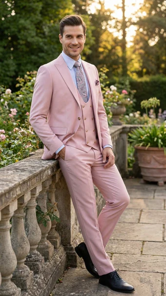 Rossiman Men’s Slim Fit Pink Suit | Elegant Double-Breasted Vest & Tailored Flat Front Pants – Italian 3-Piece Luxury Suit