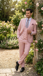 Rossiman Men’s Slim Fit Pink Suit | Elegant Double-Breasted Vest & Tailored Flat Front Pants – Italian 3-Piece Luxury Suit