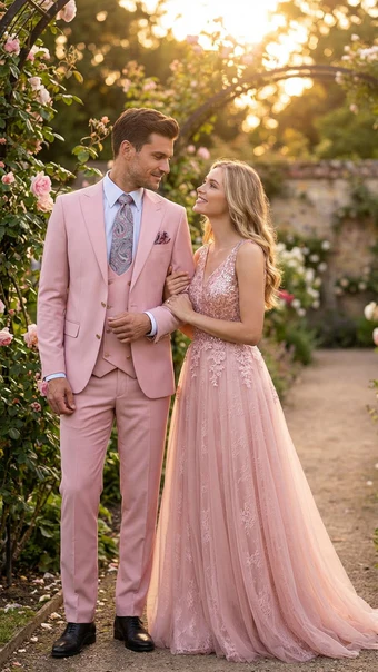 Rossiman Men’s Slim Fit Pink Suit | Elegant Double-Breasted Vest & Tailored Flat Front Pants – Italian 3-Piece Luxury Suit