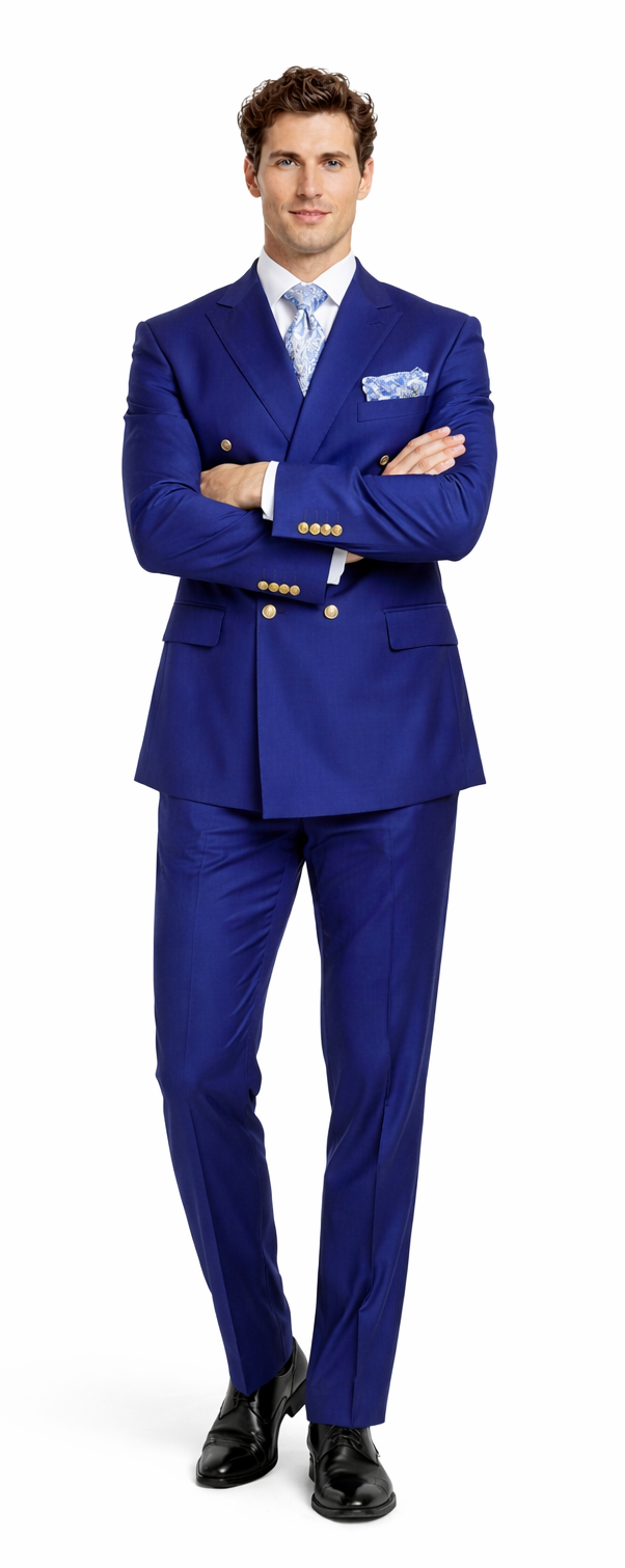 Rossiman Men’s Slim Fit Royal Blue Suit | Double-Breasted Elegance – Italian Tailored Luxury 3-Piece Suit for Men