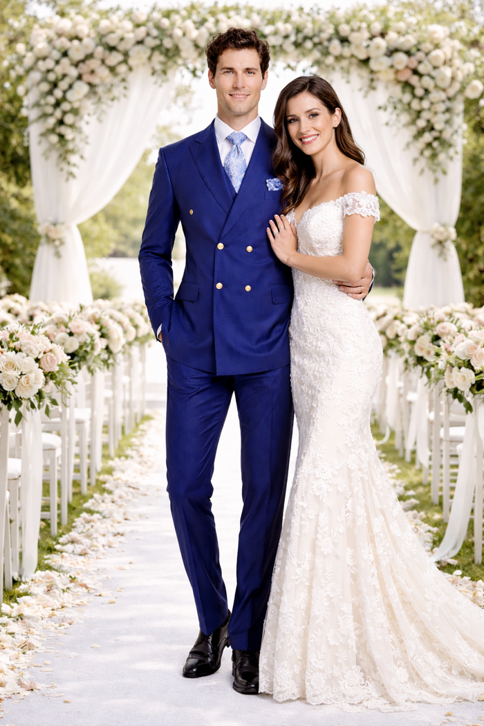 Rossiman Men’s Slim Fit Royal Blue Suit | Double-Breasted Elegance – Italian Tailored Luxury 3-Piece Suit for Men