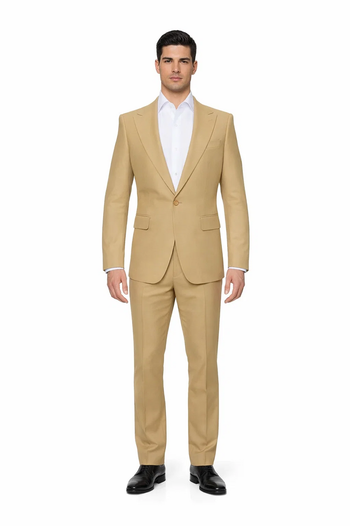 Rossiman Men’s Tan Seersucker Suit – Peak Lapel Formalwear with Tone-on-Tone Shadow Stripe