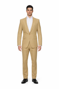 Rossiman Men’s Tan Seersucker Suit – Peak Lapel Formalwear with Tone-on-Tone Shadow Stripe