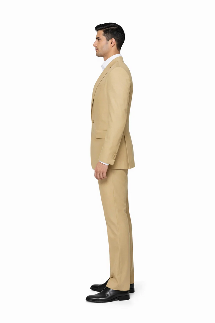 Rossiman Men’s Tan Seersucker Suit – Peak Lapel Formalwear with Tone-on-Tone Shadow Stripe