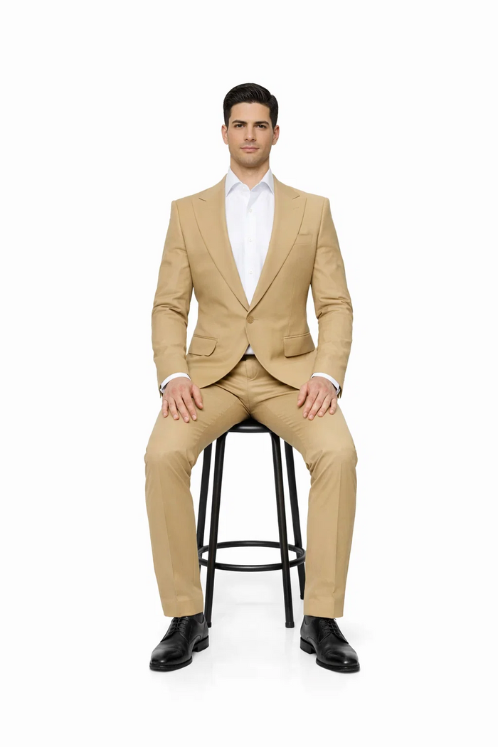 Rossiman Men’s Tan Seersucker Suit – Peak Lapel Formalwear with Tone-on-Tone Shadow Stripe