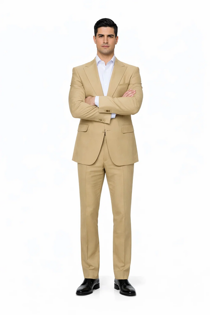 Rossiman Men’s Tan Seersucker Suit – Peak Lapel Formalwear with Tone-on-Tone Shadow Stripe