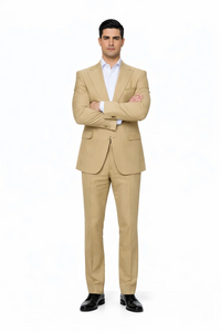Rossiman Men’s Tan Seersucker Suit – Peak Lapel Formalwear with Tone-on-Tone Shadow Stripe