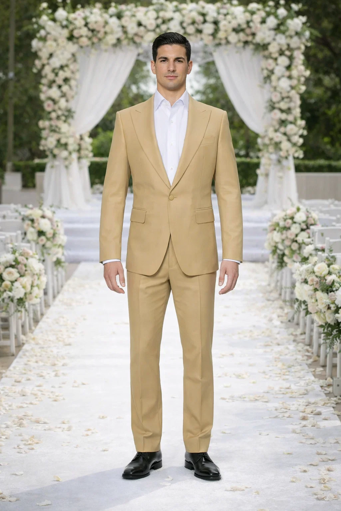 Rossiman Men’s Tan Seersucker Suit – Peak Lapel Formalwear with Tone-on-Tone Shadow Stripe