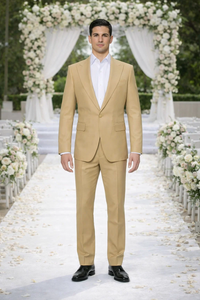 Rossiman Men’s Tan Seersucker Suit – Peak Lapel Formalwear with Tone-on-Tone Shadow Stripe