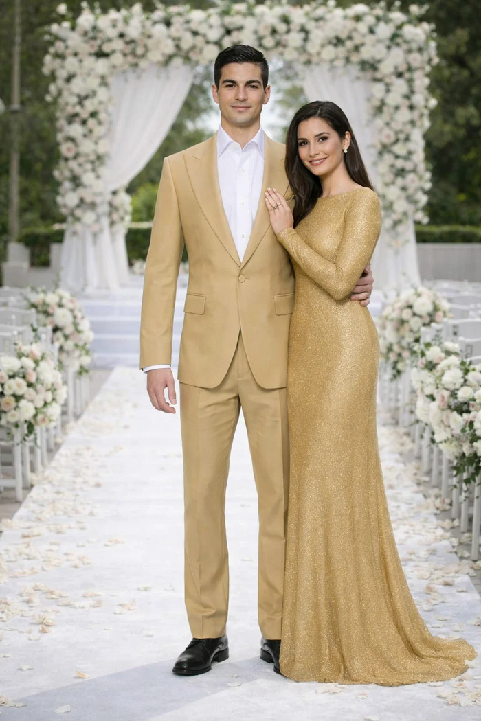 Rossiman Men’s Tan Seersucker Suit – Peak Lapel Formalwear with Tone-on-Tone Shadow Stripe