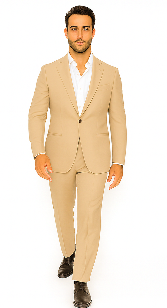 Rossiman Men’s Tan Seersucker Suit – Peak Lapel Formalwear with Tone-on-Tone Shadow Stripe