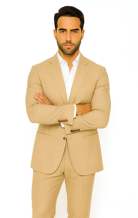Rossiman Men’s Tan Seersucker Suit – Peak Lapel Formalwear with Tone-on-Tone Shadow Stripe