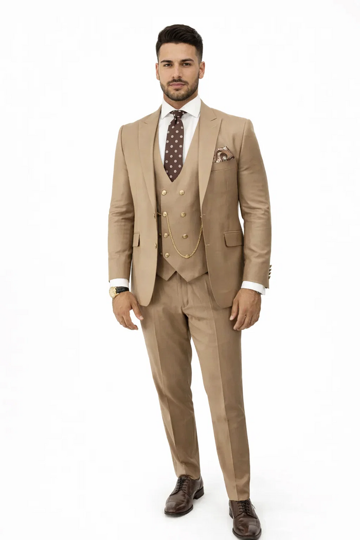 Rossiman Men’s Tan Suit | Gold Buttons & Double-Breasted Vest Elegance – Italian Tailored Luxury Suit for Men