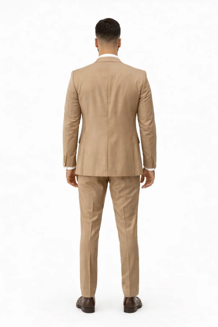 Rossiman Men’s Tan Suit | Gold Buttons & Double-Breasted Vest Elegance – Italian Tailored Luxury Suit for Men