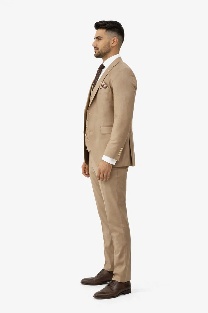 Rossiman Men’s Tan Suit | Gold Buttons & Double-Breasted Vest Elegance – Italian Tailored Luxury Suit for Men