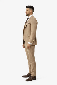 Rossiman Men’s Tan Suit | Gold Buttons & Double-Breasted Vest Elegance – Italian Tailored Luxury Suit for Men