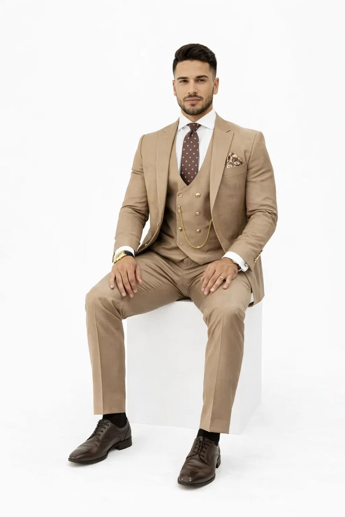 Rossiman Men’s Tan Suit | Gold Buttons & Double-Breasted Vest Elegance – Italian Tailored Luxury Suit for Men