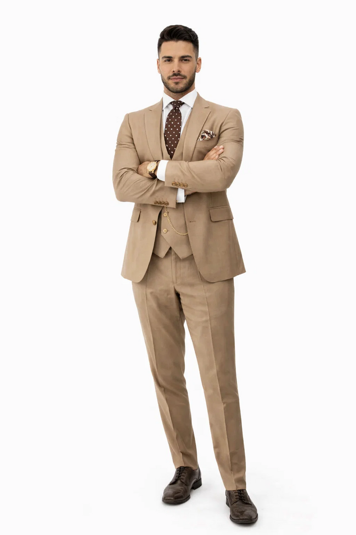 Rossiman Men’s Tan Suit | Gold Buttons & Double-Breasted Vest Elegance – Italian Tailored Luxury Suit for Men