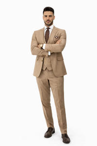 Rossiman Men’s Tan Suit | Gold Buttons & Double-Breasted Vest Elegance – Italian Tailored Luxury Suit for Men
