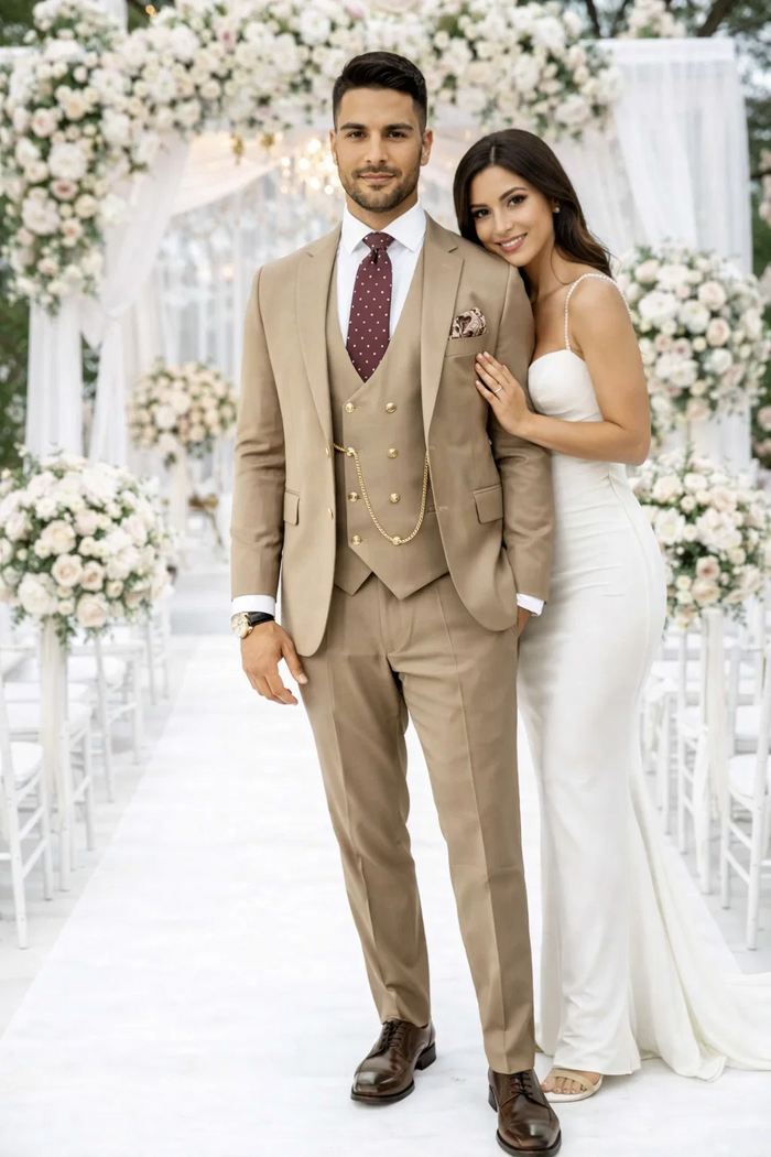 Rossiman Men’s Tan Suit | Gold Buttons & Double-Breasted Vest Elegance – Italian Tailored Luxury Suit for Men