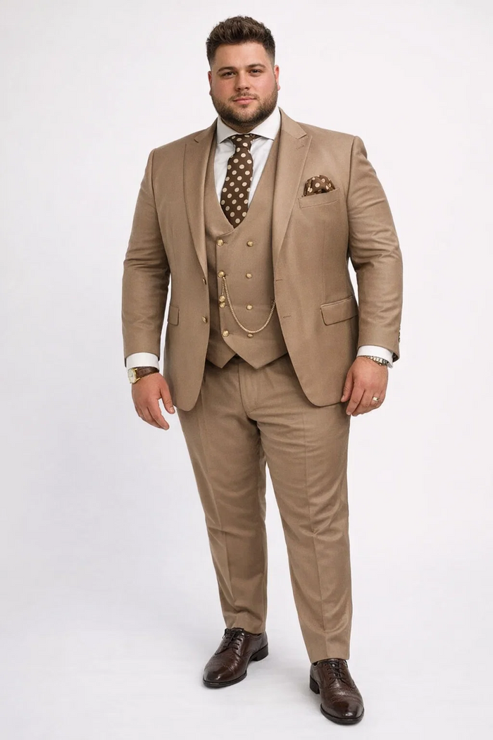 Rossiman Men’s Tan Suit | Gold Buttons & Double-Breasted Vest Elegance – Italian Tailored Luxury Suit for Men