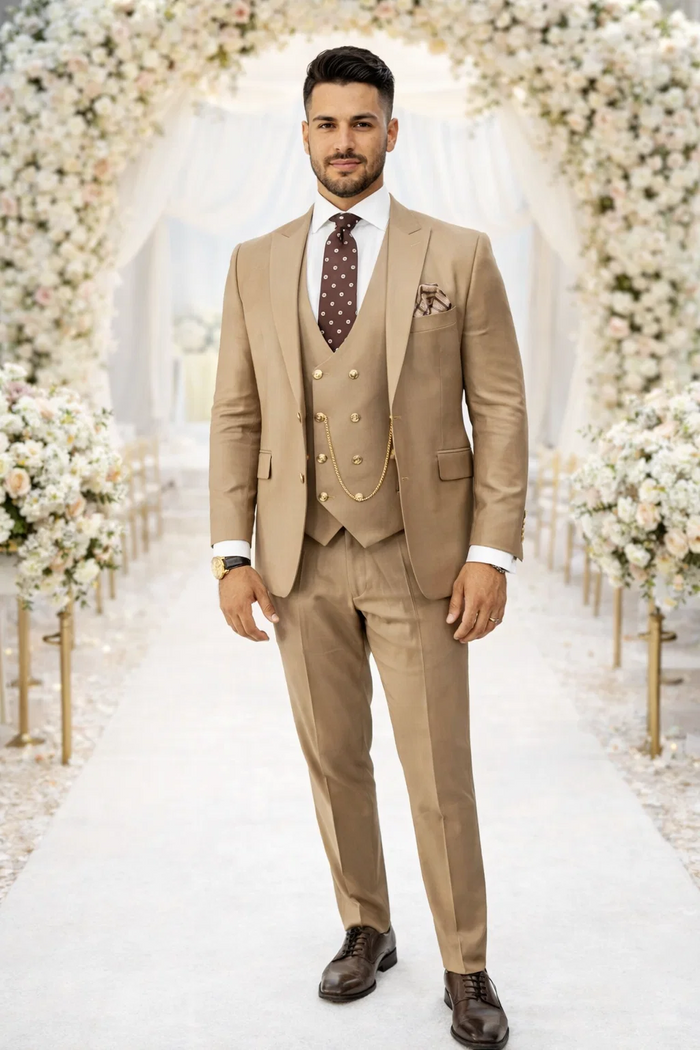 Rossiman Men’s Tan Suit | Gold Buttons & Double-Breasted Vest Elegance – Italian Tailored Luxury Suit for Men