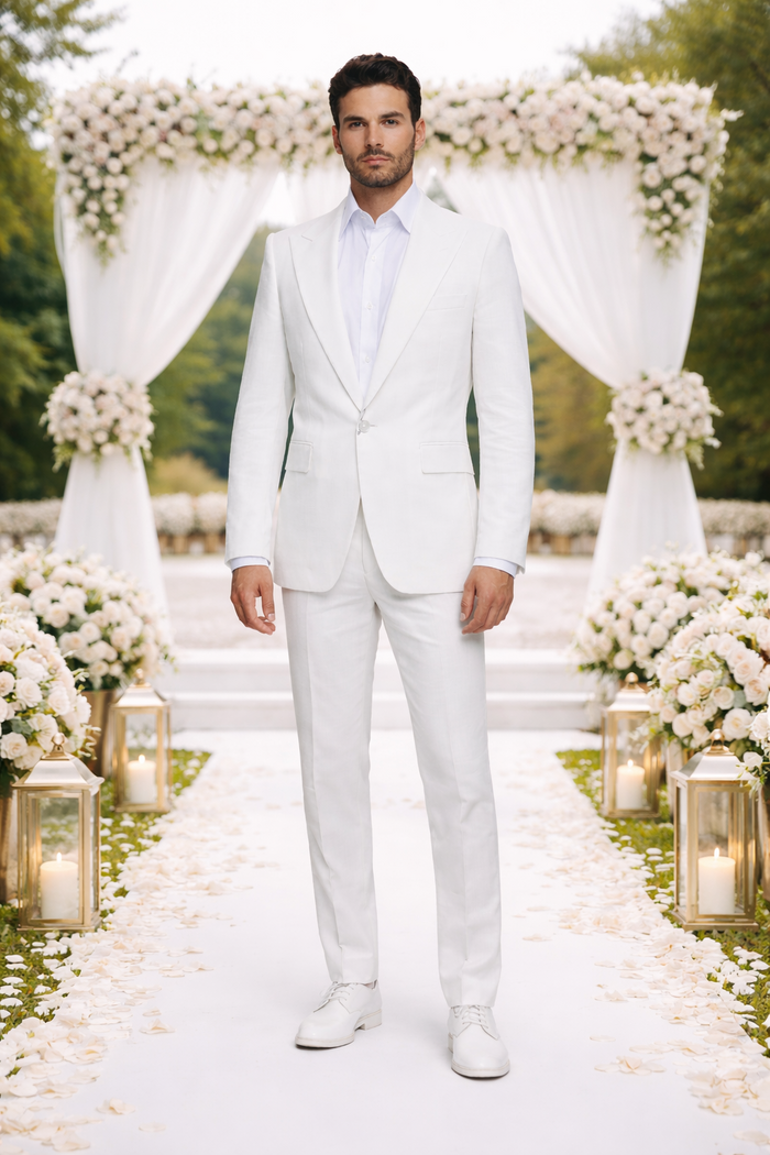 Rossiman Men’s White Seersucker Suit – Peak Lapel Summer Formalwear