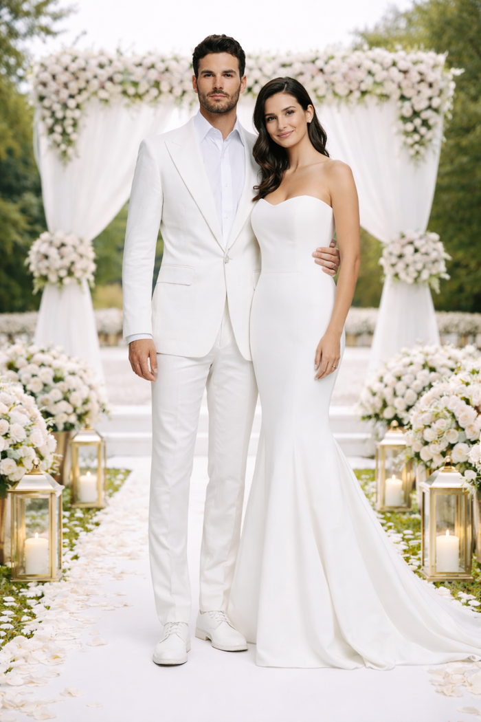 Rossiman Men’s White Seersucker Suit – Peak Lapel Summer Formalwear