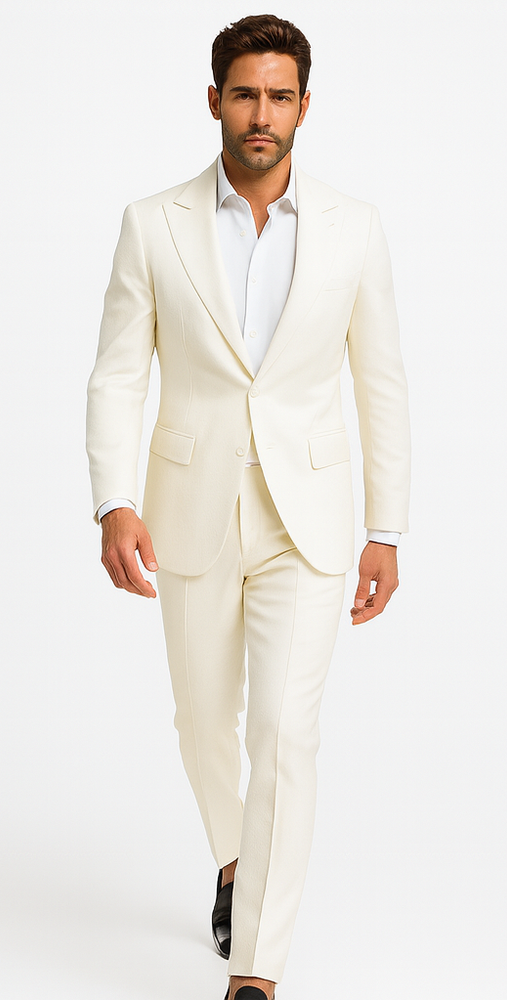 Rossiman Men’s White Seersucker Suit – Peak Lapel Summer Formalwear