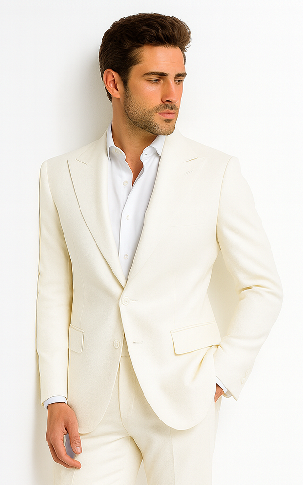 Rossiman Men’s White Seersucker Suit – Peak Lapel Summer Formalwear