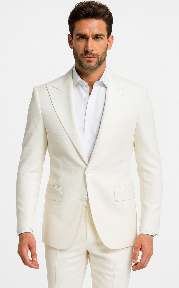 Rossiman Men’s White Seersucker Suit – Peak Lapel Summer Formalwear