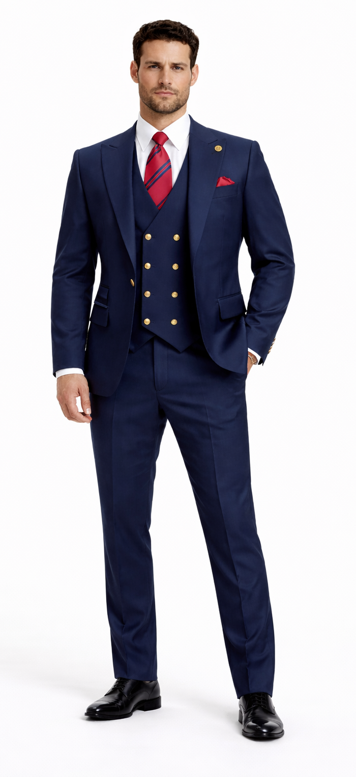 Rossiman Men’s Navy Blue Suit – Classic 1-Button Peak Lapel Jacket with Double-Breasted Vest