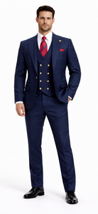Rossiman Men’s Navy Blue Suit – Classic 1-Button Peak Lapel Jacket with Double-Breasted Vest