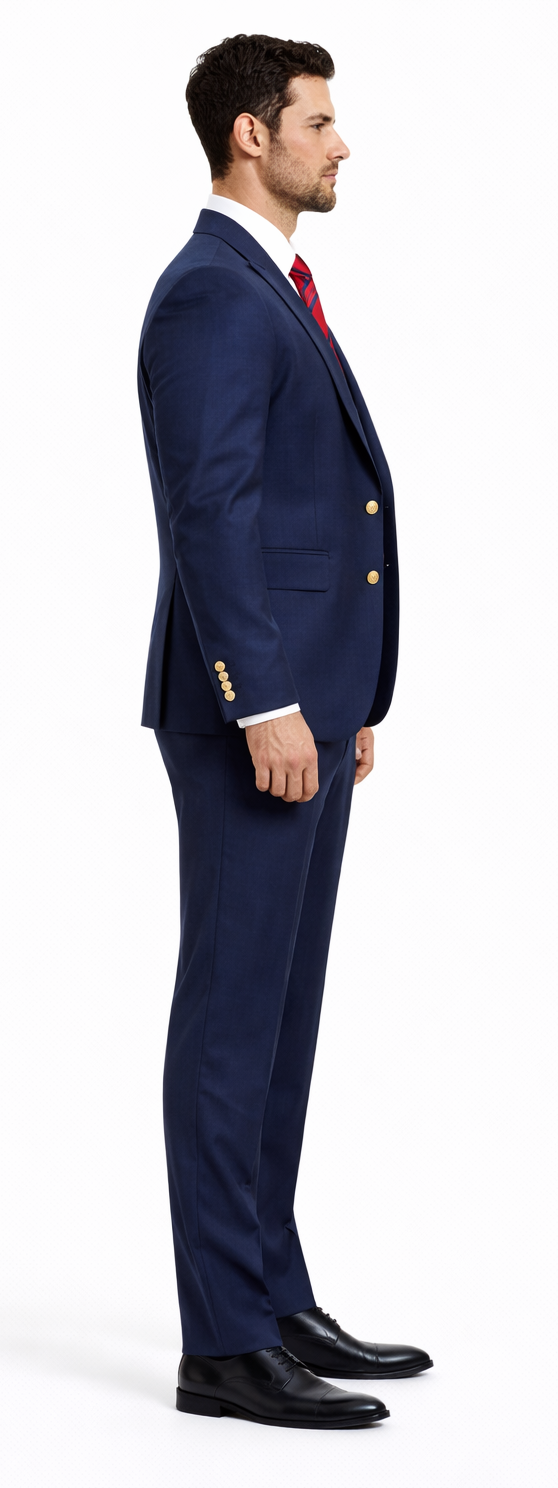 Rossiman Men’s Navy Blue Suit – Classic 1-Button Peak Lapel Jacket with Double-Breasted Vest
