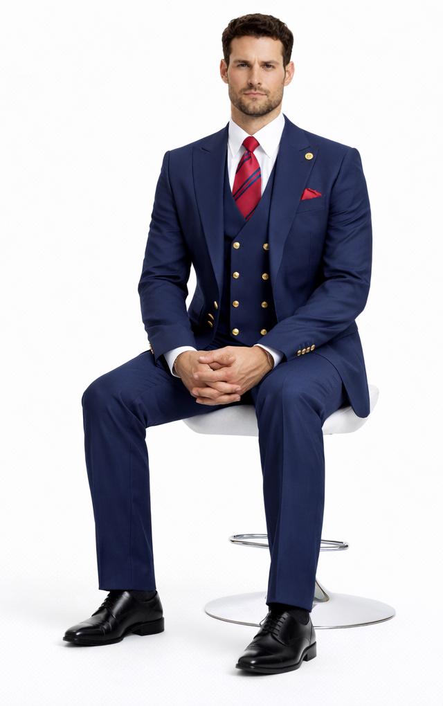 Rossiman Men’s Navy Blue Suit – Classic 1-Button Peak Lapel Jacket with Double-Breasted Vest